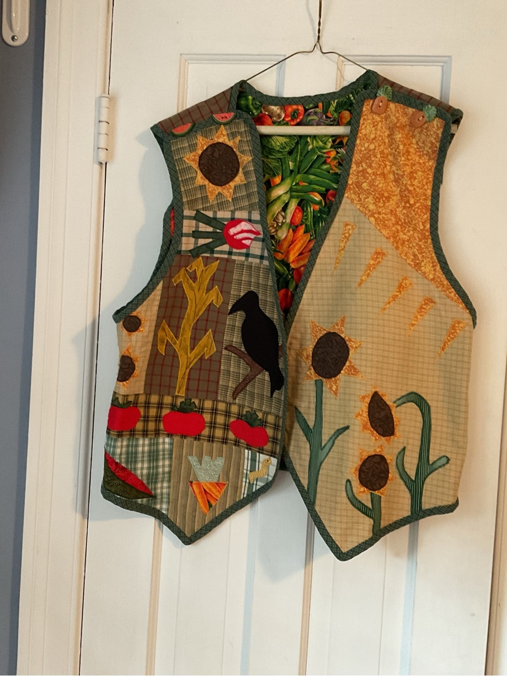 Hand Crafted Patchwork Garden Vest - Green/Tan/Red